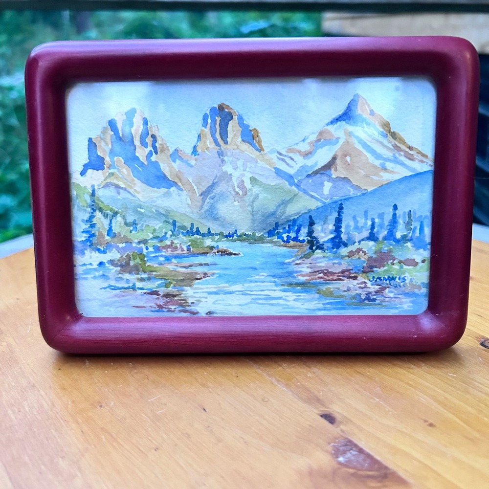 Vintage Three Sisters Canmore Watercolor Painting Small Blue Jannis Allan Hare